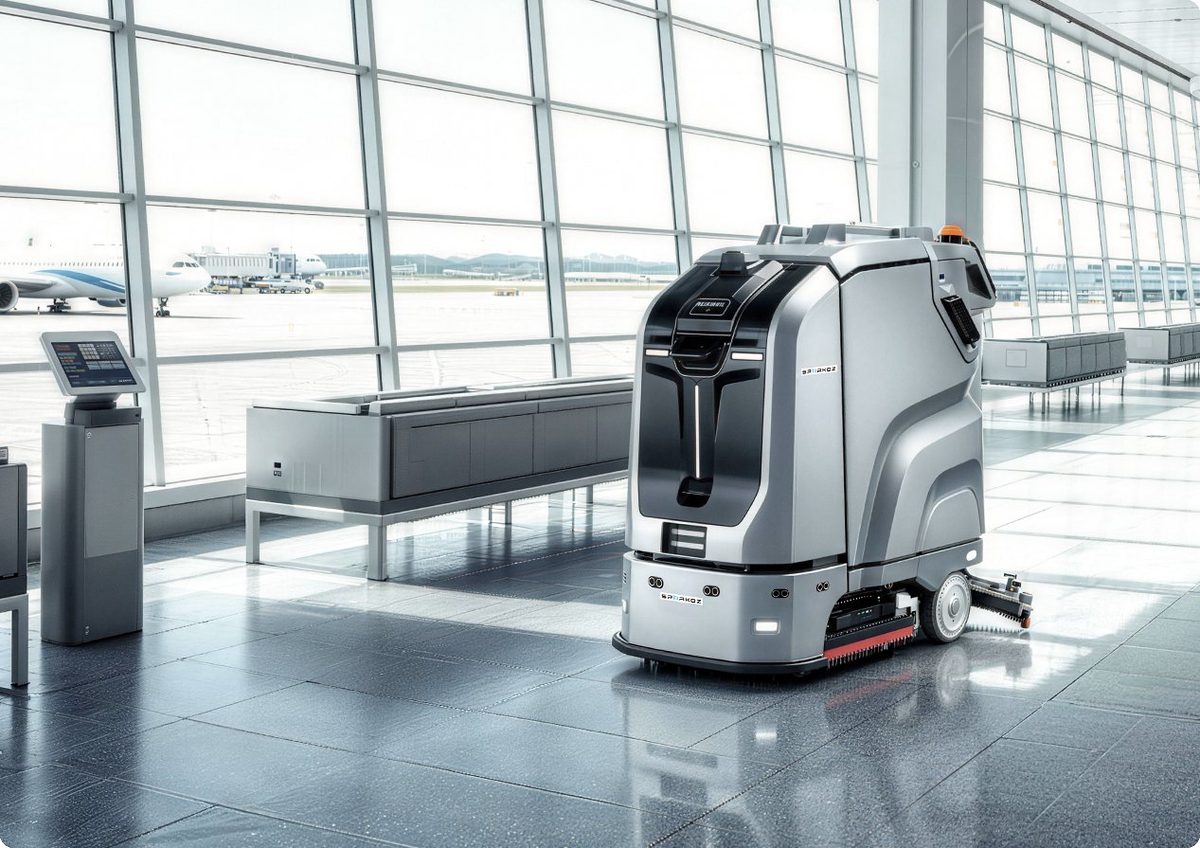 Autonomous cleaning robot working the floor of an airport terminal